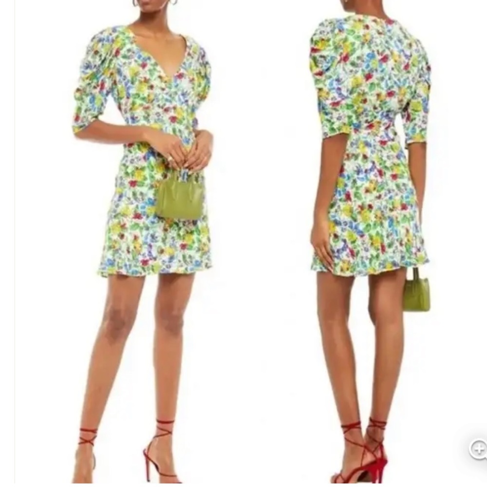 Saloni Colette Floral Puff Sleeve V-Neck Fit and Flare Dress